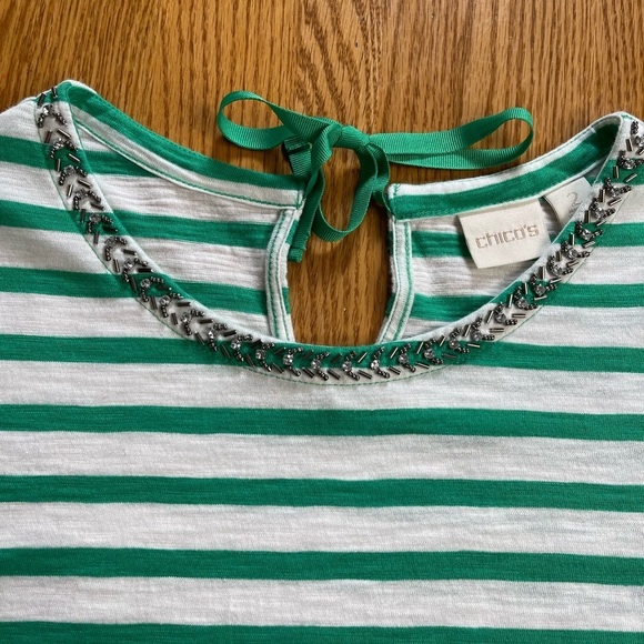 Chico’s Striped Embellished-Neckline Green White Top Size Large - Picture 4 of 7